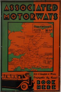 Enamel Advertising Sign `Associated Motorways Book Here`. Measuring 30" x 20". Single sided with