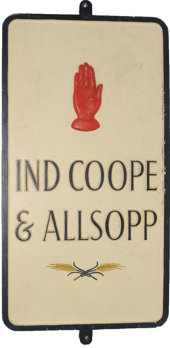 Cast Brewery Advertising Sign `Ind Coope & Allsop` showing red hand logo at top. Measures 24" x 13",