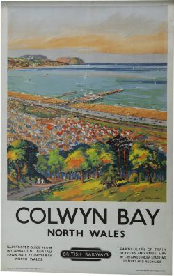 Poster BR `Colwyn Bay North Wales` by Montague Black, double royal size 40" x 25". Vibrant panoramic
