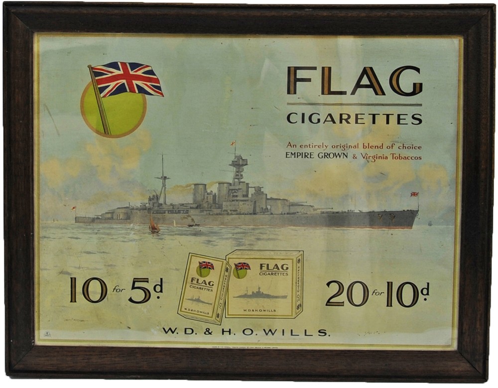 Framed and Glazed `Flag Cigarettes` show card` Depicts an WWI Royal Navy Battleship alongside the