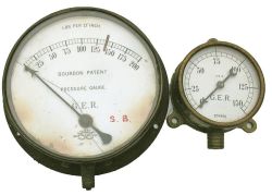 GER brass cased Pressure Gauges, a pair . The first is a very early Loco Boiler Gauge, porcelain