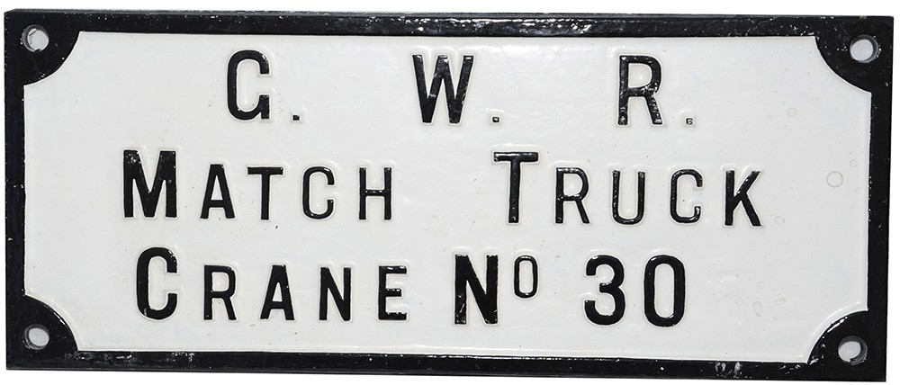 GWR cast iron rectangular plate `G.W.R MATCH TRUCK CRANE No 30` over 3 lines measuring 15" x 6",
