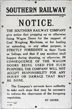 Southern Railway enamel `Propping Of Wagon Doors Notice - Waterloo Station, black on white,
