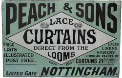 Enamel Advertising Sign `Peach & Sons Lace Curtains, Lister Gate Nottingham` Measures 24" x 16". Has