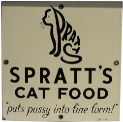 Enamel Advertising Sign "Spratts Cat Food - Puts Pussy into Fine Form". 12" x 12" square complete
