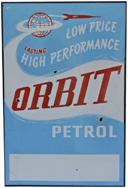 Enamel Motoring Advertising Sign `Orbit Petrol` circa 1960`s. Measures 30" x 20", flanged. Good