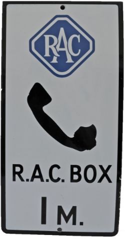 RAC Roadside Telephone Box enamel sign `RAC BOX 1 M` with the blue & white 1950`s lozenge shape logo