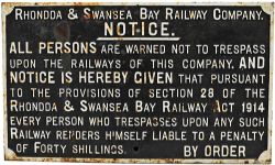 Rhondda & Swansea Bay Railway Company fully titled cast iron Trespass Notice.