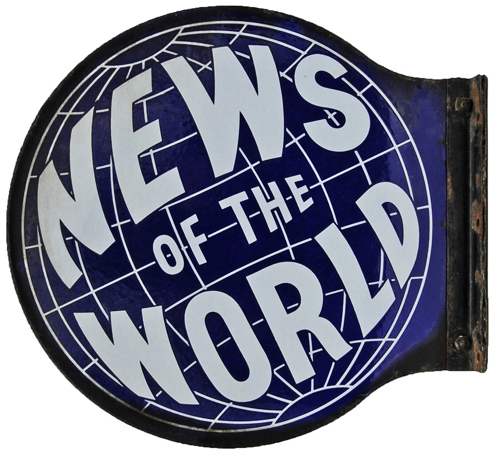Enamel Advertising Sign `News Of The World`, double side with wall mounting flange, circular blue