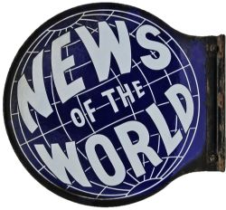 Enamel Advertising Sign `News Of The World`, double side with wall mounting flange, circular blue