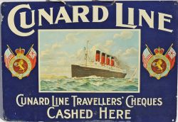 Tinplate Advertising Sign, lithograph `Cunard Line Travellers` Cheques Cashed Here` showing the
