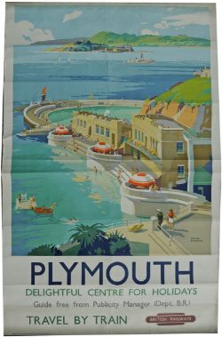 Poster BR `Plymouth` by Frank Sherwin, double royal size 40" x 25". View of the Hoe Inside Lido.
