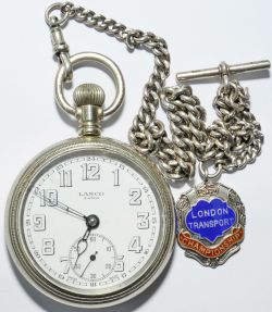 London Passenger Transport Board Pocket Watch, face marked `Lanco - 18 Jewels`. Complete with silver