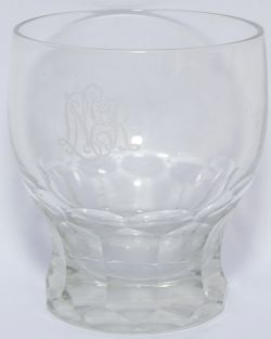 LNER glass Whisky Tumbler with ornate initials etched on side, 2¾" diameter and 3" tall. Excellent