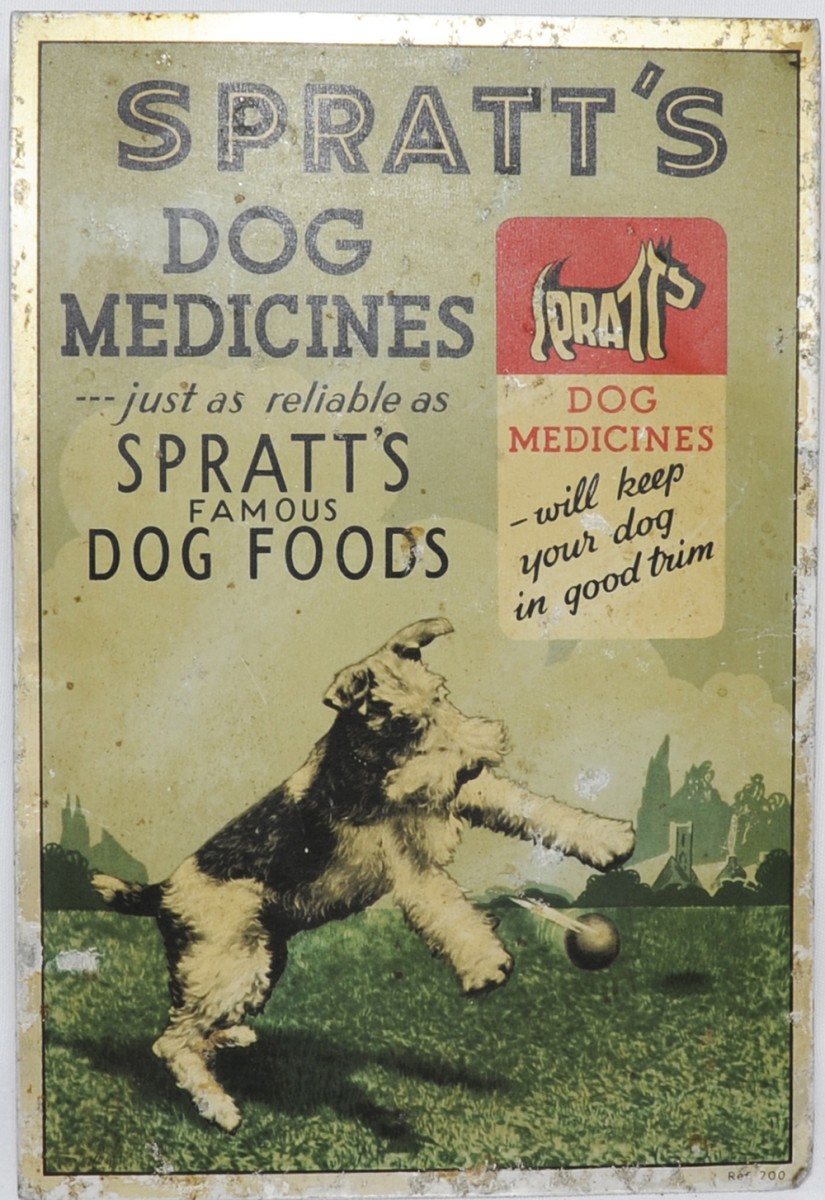 Tinplate Advertising Sign, stand-up variety `Spratts Dog Medicines - just as reliable as Spratts