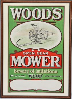 Advertising Poster `Wood`s Open Gear Mower - Beware of Imitations, 30" x 20". Colourful with central