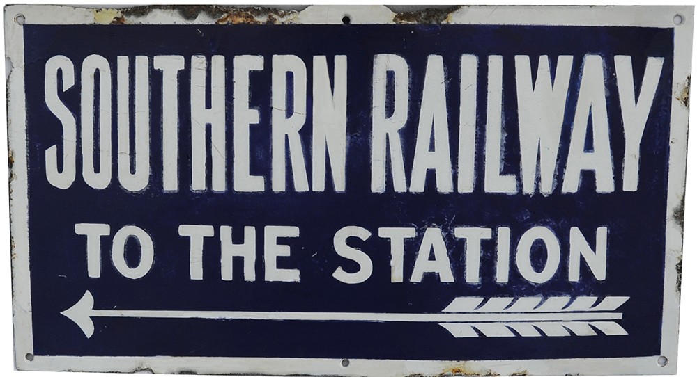 Enamel  Sign `Southern Railway to the Station` with left arrow. White on blue ground, measures 18" x