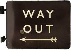 BR(W) double sided enamel sign `WAY OUT` with double flight arrow beneath, 18" x 24". Originated