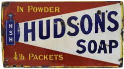 Enamel Advertising Sign `Hudson`s Soap - In Powder ¼lb Packets`, 39" x 21". The blue on white main