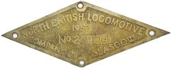 North British Locomotive Company Glasgow brass diamond Worksplate No 26904 dated 1952. Ex 3 ft 6 ins