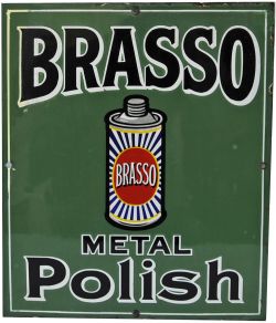 Enamel Advertising Sign `Brasso Metal Polish`. Measuring 9" x 12". Single sided with minor repair