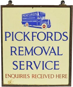 Enamel Advertising Sign `Pickfords Removal Service Enquiries Received Here` in a bronze frame. Early