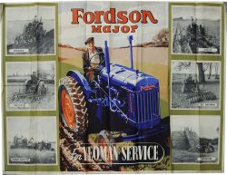 Poster `Fordson Major - For Yeoman Service`. A vibrant centre image of a blue tractor driven by