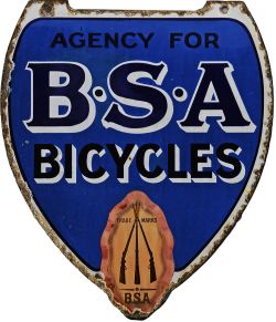 Enamel Advertising Sign `Agency For BSA Bicycles`. Shield shape 18" x 16", double sided, some
