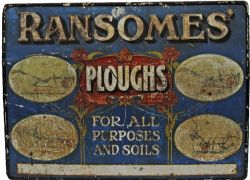Tinplate Pictorial Advertising Sign `Ransomes Ploughs For All Purposes and Soils`. Measuring 30" x