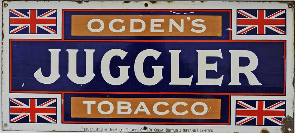 Enamel Advertising Sign `Ogdens Juggler Tobacco`, 22" x 10". Has a small Union Jack in each