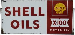 Screen Printed steel Motoring Sign `Shell Oils - X100 Motor Oils` double sided, 27" x 12½".