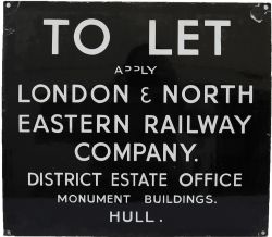 LNER enamel Sign `To Let Apply London & North Eastern Railway Company District Estate Office