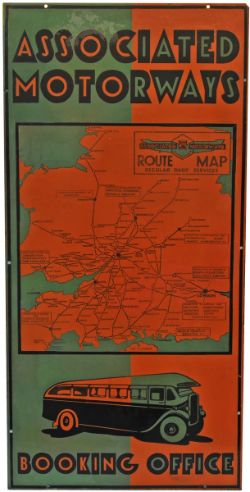 Enamel Advertising Sign `Associated Motorway Booking Office` Shows full bus and route map.