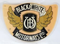 Bus logo `Black and White Motorways Ltd` Perspex as fitted internally by rear view mirror`.