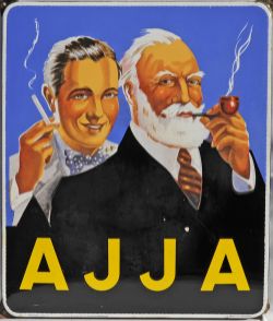 Enamel Advertising Sign `AJJA` depicting a young cigarette smoker and an older pipe smoker. Measures