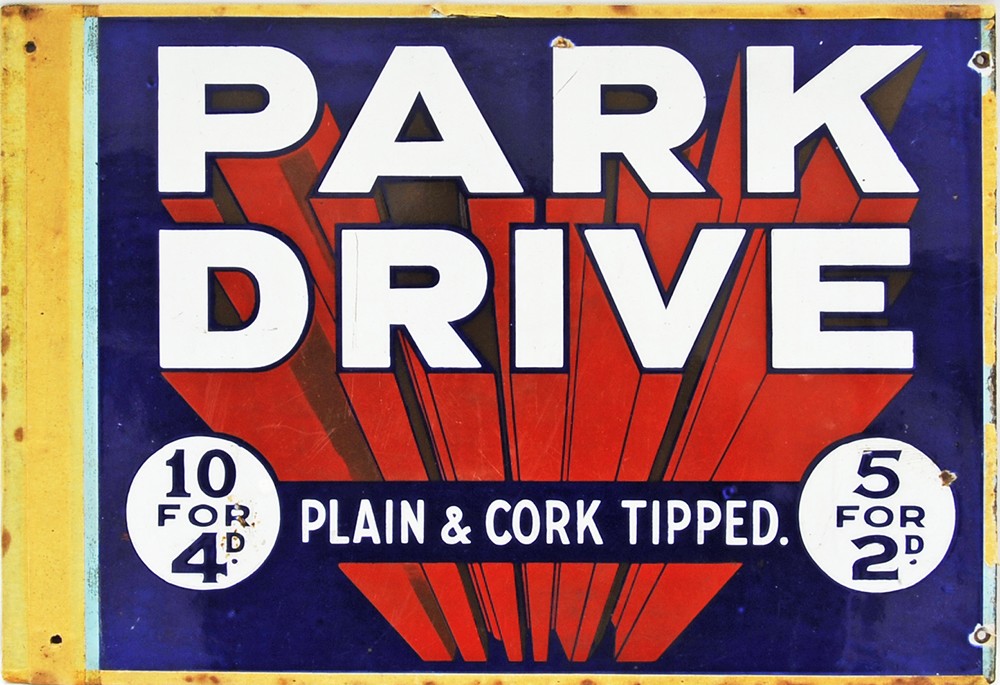 Enamel Advertising Sign `Park Drive Cigarettes`, double sided, 18" x 12", nice condition.