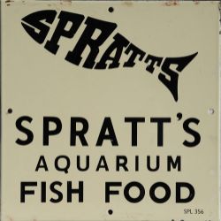 Enamel Advertising Sign `Spratts Aquarium Fish Food` with the Spratts `fish shaped` logo at the top.