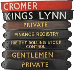 GER wooden Carriage Boards Kings Lynn, white on black and Cromer, white on red. Together with qty