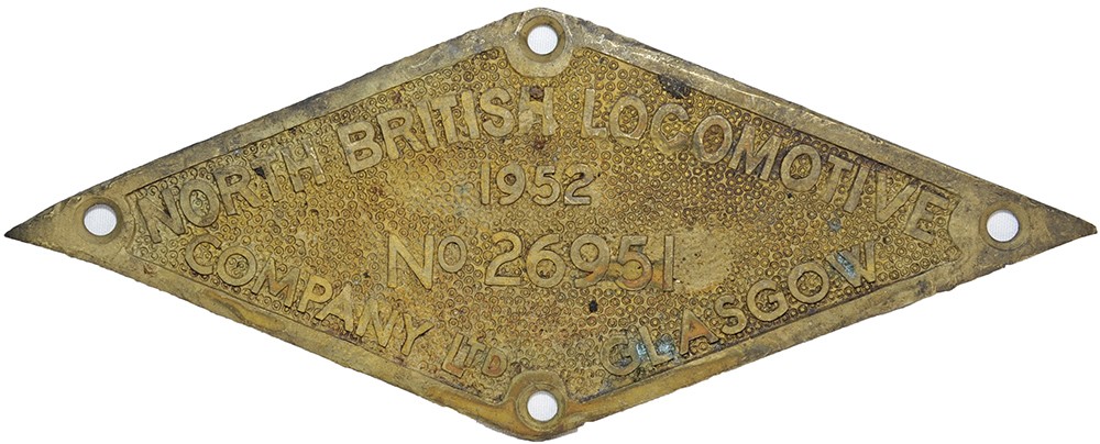 North British Locomotive Company Glasgow brass diamond Worksplate No 26951. Ex 3 ft 6 ins Gauge