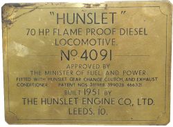 Worksplate Hunslet 70HP Flame Proof Diesel No 4091 Built 1951 rectangular engraved brass 6" x 4½".