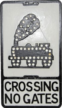 Cast aluminium Road Sign CROSSING NO GATES, 21" x 12" showing 0-6-0 Loco. Two reflective beads