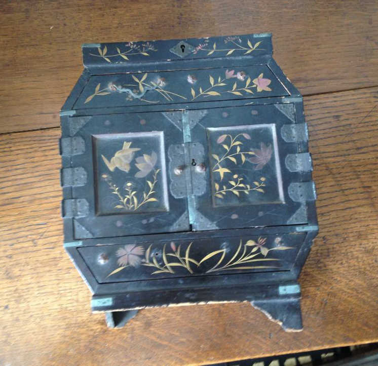 "A small Oriental Table Cabinet laquered finish, a/f."