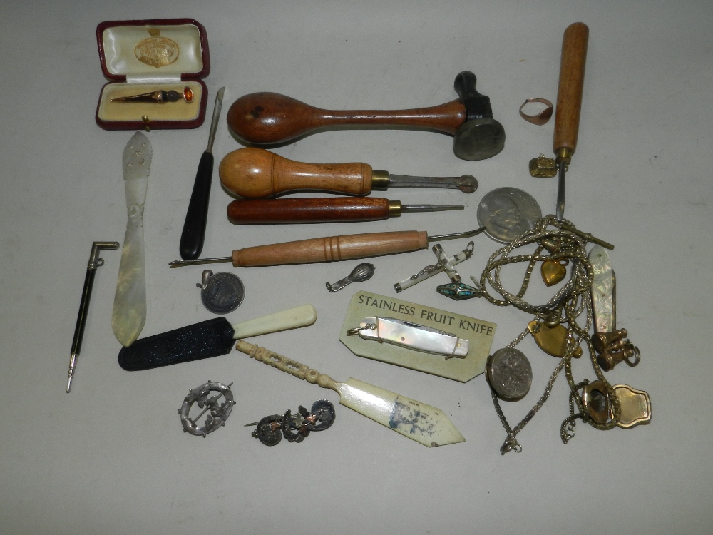 A Scottish hardstone dirk brooch, together with costume jewellery and tools etc