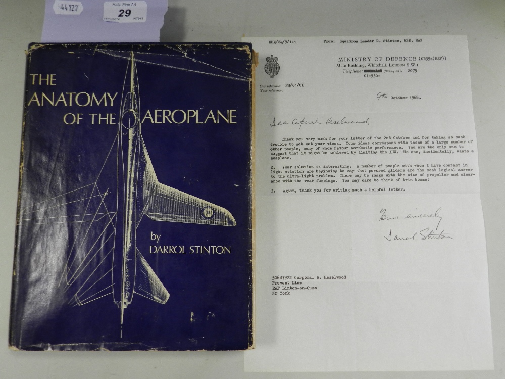 A volume: 'The Anatomy of the Airplane' by Darrol Stinton and it's signed by the author.