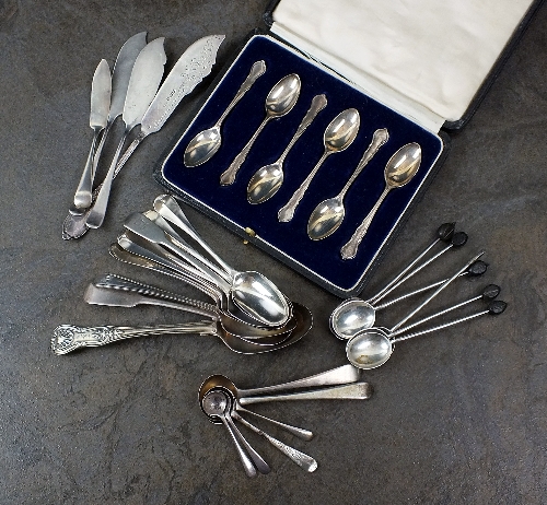 A collection of various pieces of silver flatware, comprising; a cased set of six coffee spoons,