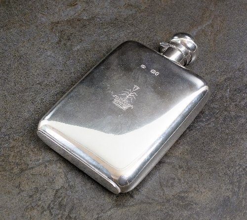 A Victorian silver hip flask, George Brace, London 1889, of plain polished form with engraved