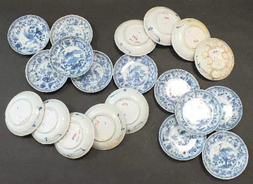 Ca Mau: Seventeen blue and white Peacock Pattern saucers, circa 1725, each centrally decorated