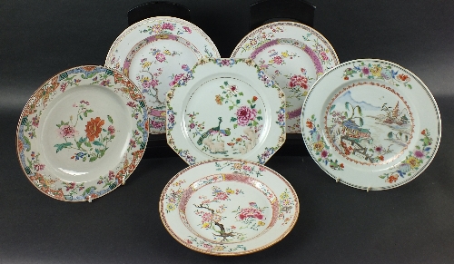 A group of six Chinese porcelain plates, Qianlong period, each decorated in the famille rose