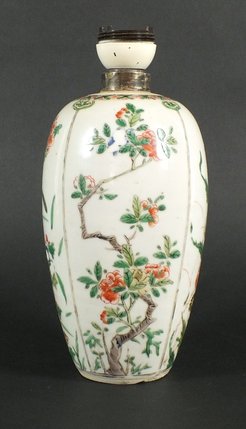 A Chinese famille verte jar, 18th century, later mounted as a lamp, decorated with floral scenes