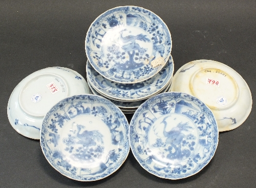 Ca Mau: Ten blue and white Peacock Pattern saucers, circa 1725, each centrally decorated with a